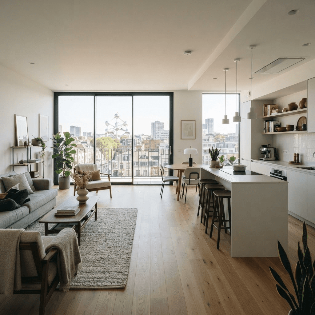 Salon lumineux d'un appartement moderne à Bruxelles avec cuisine ouverte