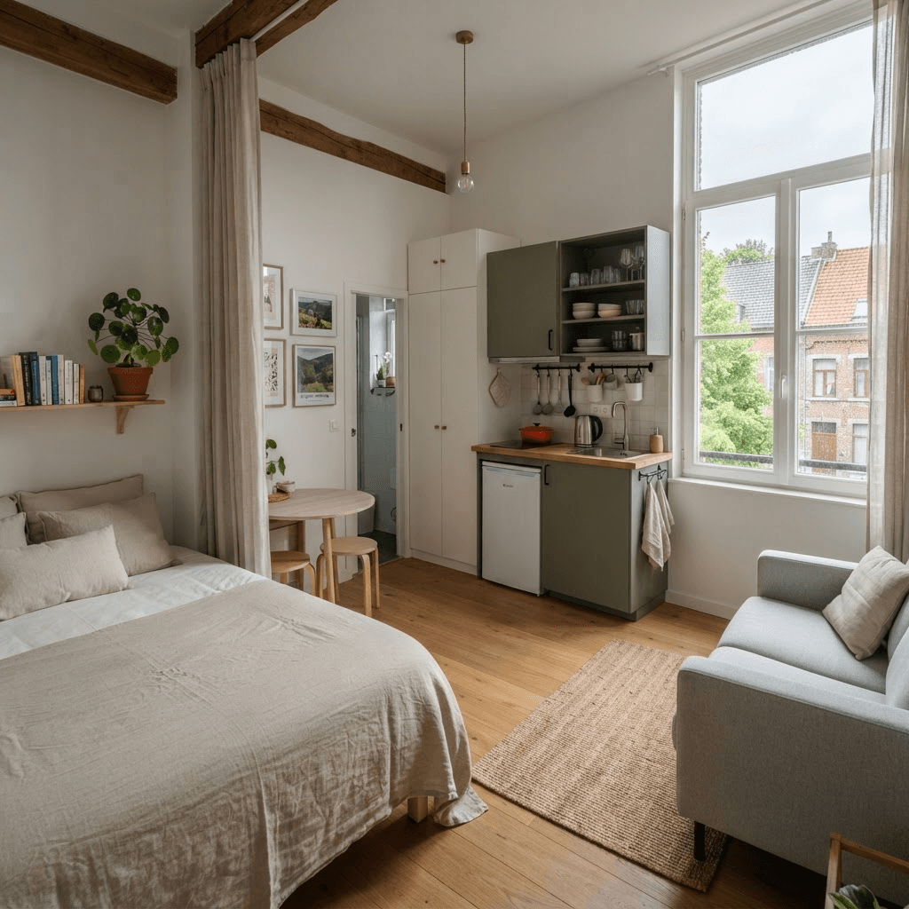 Intérieur épuré d'un studio en Wallonie avec coin cuisine et salon