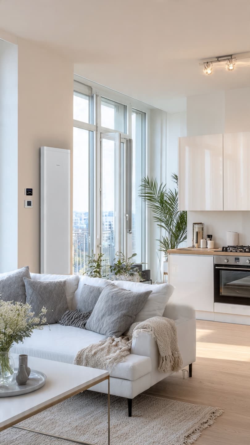 Salon lumineux d'un appartement moderne à Bruxelles avec cuisine ouverte