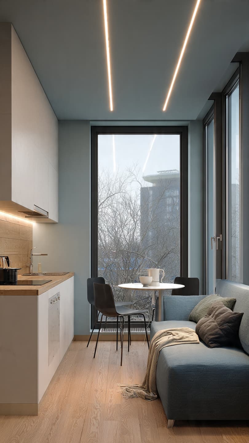 Intérieur épuré d'un studio en Wallonie avec coin cuisine et salon